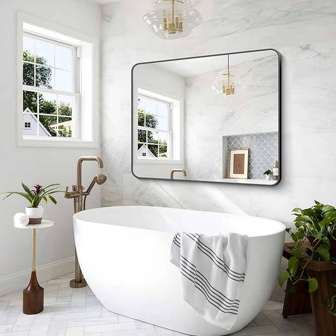 BONEWEI Black Bathroom Mirror,40x48 inch Wall Mirror for Bathroom Wall Mounted,Rectangle Mirror for Bathroom Over Sink,Modern Frame Round Corner for Living Room,Bedroom Entryway,Horizontal/Vertical