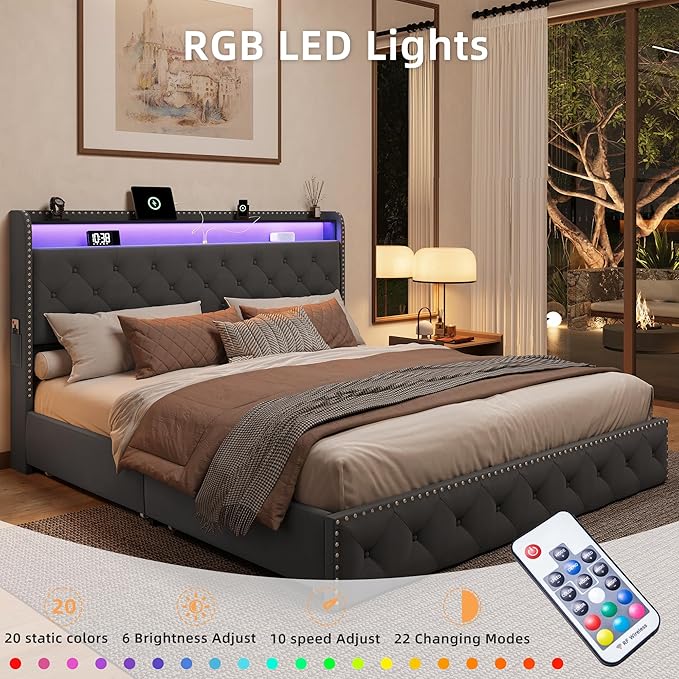 BRELTAM King Size Bed Frame with 4 Storaged Drawers Upholstered Velvet Bed Frame with LED and Charging Station,Platform Bed Frame with Headboard Heavy Duty Wood Slats, Noise Free, Easy Assembly,Grey