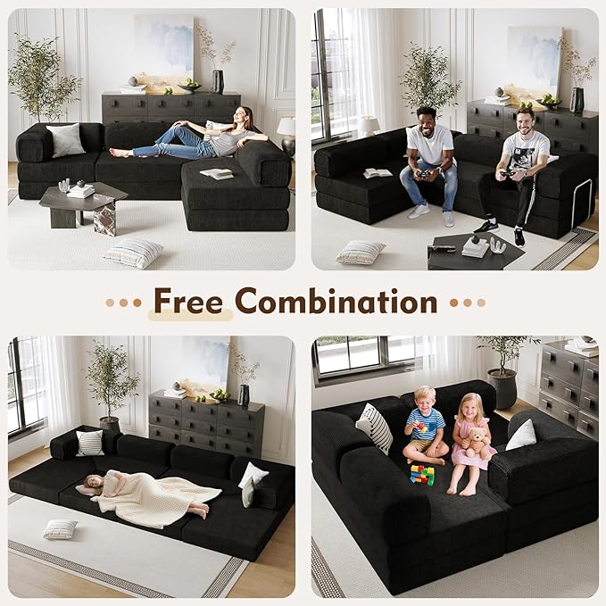 108" L Shaped Couch, Modular Sectional Sofa with Chaise, Cloud Boneless Couch with Deep Seat & Removable Pillow for Living Room, Bedroom,No Assembly Required（Black）