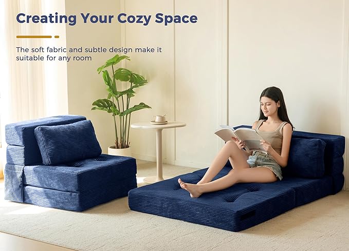 MAXYOYO Convertible Sofa Bed, Fold Out Loveseat Sleeper Sofa with Pillow, 4 in 1 Tufted Folding Couch Bed Foam Floor Couch, Lazy Chair for Living Room Bedroom Guest Room, Navy