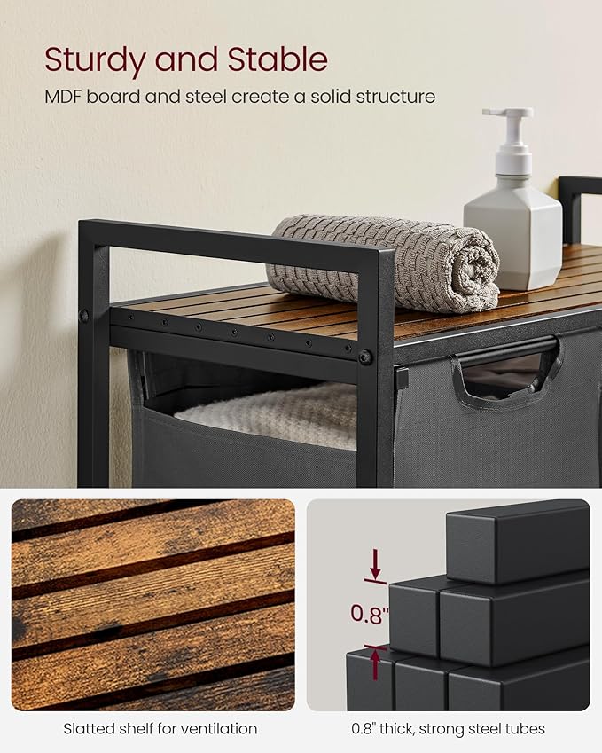 VASAGLE Laundry Hamper, Laundry Basket, Laundry Sorter with 2 Pull-Out and Removable Bags, Shelf, Metal Frame, 2 x 12.1 Gallons (46 L), 28.8 x 13 x 28.4 Inches, Slate Gray and Rustic Brown UBLH201G01