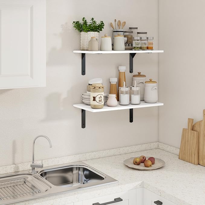 Fun Memories Deep Floating Shelves for Wall, 12 Inch Deep White Wall Shelf, 24 Inch Long Floating Shelves with Bracket Set of 2, Rustic Deep Storage Shelf for Bedroom, Living Room, Kitchen