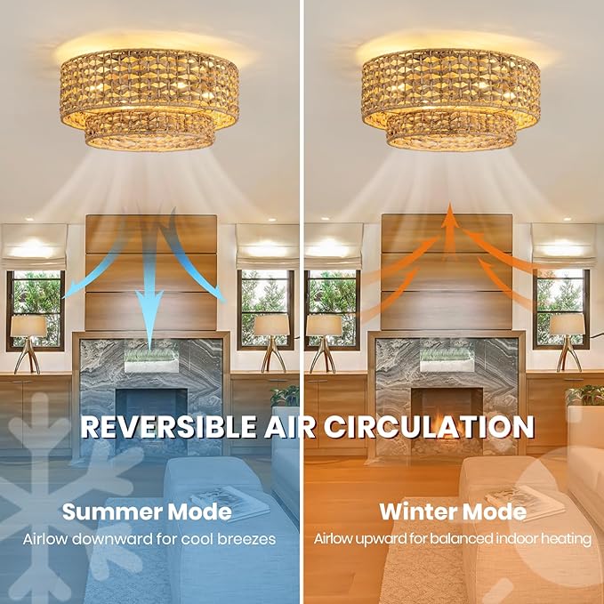 Boho Caged Ceiling Fan with Lights Flush Mount, Handwoven Layered Rattan Fandelier ceiling fan with Remote Control, Reversible 6-Speed Enclosed Ceiling Fan Light for Bedroom, Living Room, Nursery, E26