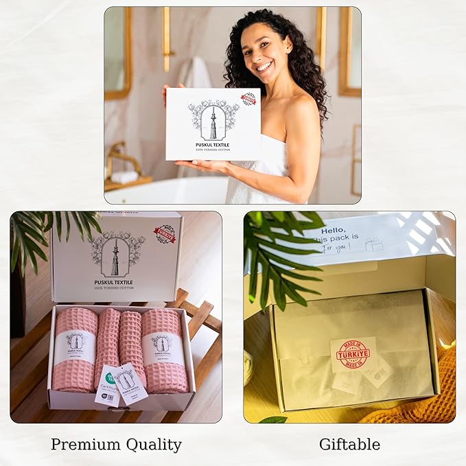 Püskül - Luxury Waffle Towel Set for Bathroom 4 Pieces Pink, Premium Quality Organic 100% Turkish Cotton 2 Hand and 2 Bath Towels Sets, Quick Dry Thin Waffle Towels, Made in Turkiye (Pink)