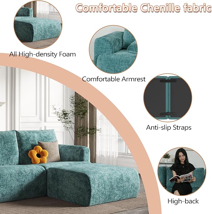 EASE MOOSE Boneless Couch for Living Room, Sectional Cloud Sofa, Modular Cloud Couch, 3-Seater Deep Seat Sofas with Pillow for Bedroom, Apartment, No Assembly Required, Chenille (Blue)