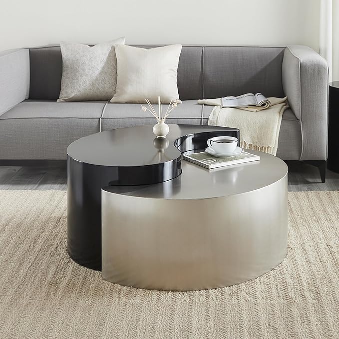 Modern Contemporary Luxury Ying-Yang 36" Coffee Table Set, Sculptural Design with Aluminum Frame for Living Room, Entryway, Home & Office, Black & Silver Dual Tone Coffee Table