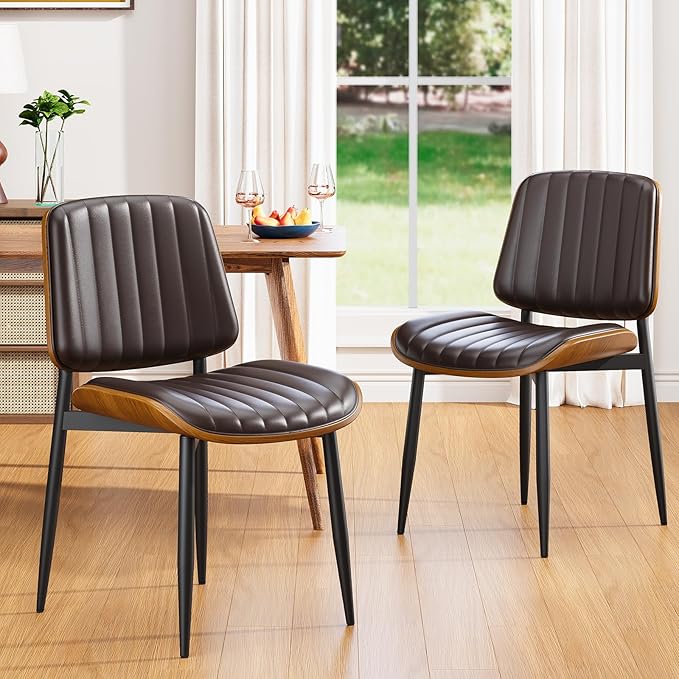 Dining Chairs Set of 2, Mid Century Modern Dining Room Kitchen Chairs, Upholstered PU Leather Vertical Stripe Chairs for Vanity with Walnut Bentwood and Metal Legs, Brown