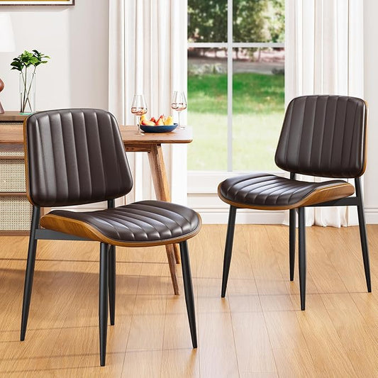 Dining Chairs Set of 2, Mid Century Modern Dining Room Kitchen Chairs, Upholstered PU Leather Vertical Stripe Chairs for Vanity with Walnut Bentwood and Metal Legs, Brown