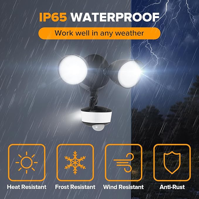 LUTEC 34W 3700 Lumen LED Security Light Motion Sensor Outdoor Lights with Night Light, 5000K Daylight, IP65 Waterproof, Dusk to Dawn, Hardwired Motion Detector Flood Light for Garage, Yard-Black