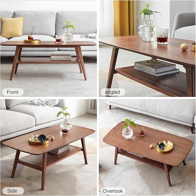 100% Solid Oak Coffee Table with Storage Shelf, 2-Tier Wooden Center Table for Living Room, Farmhouse Rustic Rectangle Table, Easy Assembly, 47 Inch