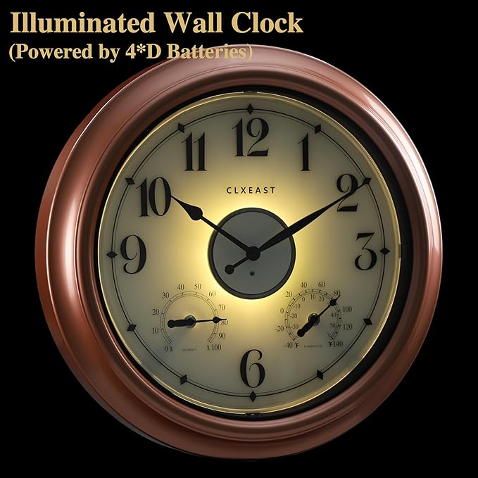 CLXEAST 18 Inch Illuminated Outdoor Indoor Clocks with Smart Sensor,Modern Farmhouse Lighted Wall Clock with Temperature and Humidity for Patio, Garden Decor,Copper/Rose Gold Finish