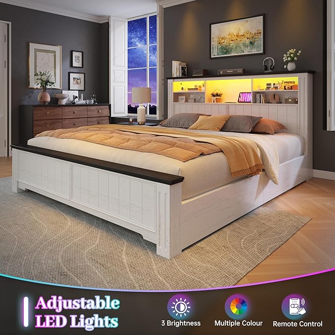 EnHomee Queen Bed Frame with Headboard, Bed Frame Queen Size with 4 Storage Drawers, Queen Bed with LED Lights & Charging Ports,No Box Spring Needed,NO Noise,Wooden, White