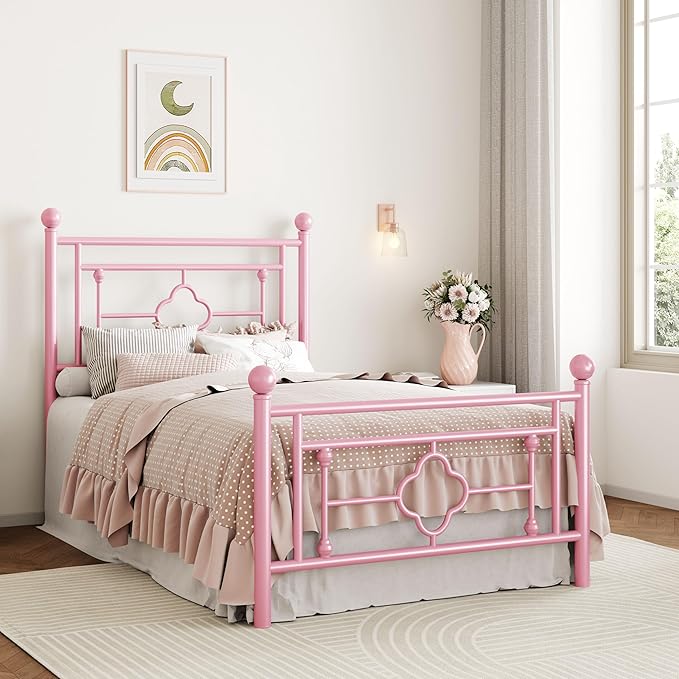 SHA CERLIN 14 Inches Twin Size Metal Platform Bed Frame/Vintage Iron-Art Headboard and Footboard/Mattress Foundation for Storage/No Box Spring Needed/Noise-Free/Easy Assembly/Pink