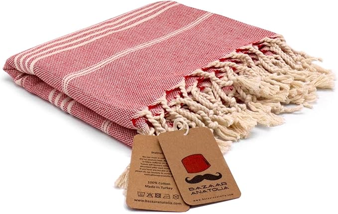 Bazaar Anatolia Turkish Towel 100% Cotton Beach Towel 76x38 Thin Lightweight Travel Camping Bath Sauna Gym Pool Unique Red Towels