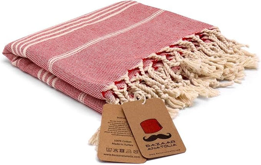 Bazaar Anatolia Turkish Towel 100% Cotton Beach Towel 76x38 Thin Lightweight Travel Camping Bath Sauna Gym Pool Unique Red Towels