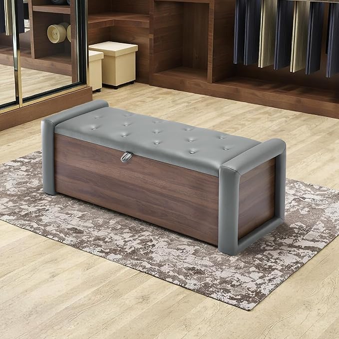 48" Large Storage Ottoman Bench, Faux Leather Upholstered Bed Bench with Button Tufted, End of Bed Ottoman with Safety Hinge for Bedroom, Living Room, Window，or Entryway, Olive Gray Shoe Storage Chest