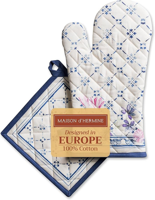 Maison d' Hermine 100% Cotton Oven Mitt & Pot Holder Set (7.5"x13" & 8"x8") Heat Resistant BBQ Cooking Gloves with Loop, Baking, Grilling, Kitchen, Handling Hot Pans Spring/Summer (Faience)