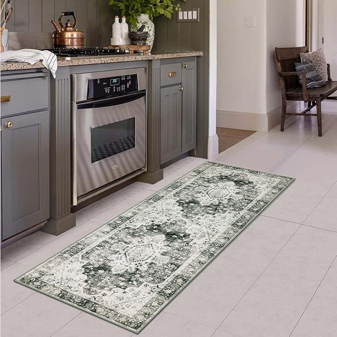 Moynesa Ultra-Thin Washable Runner Rug -2x6 Rug Runners for Hallways Non Slip Stain Resistance, Vintage Non Shedding Indoor Throw Carpet Runner for Bathroom Entry Door Kitchen Laundry Room, Grey