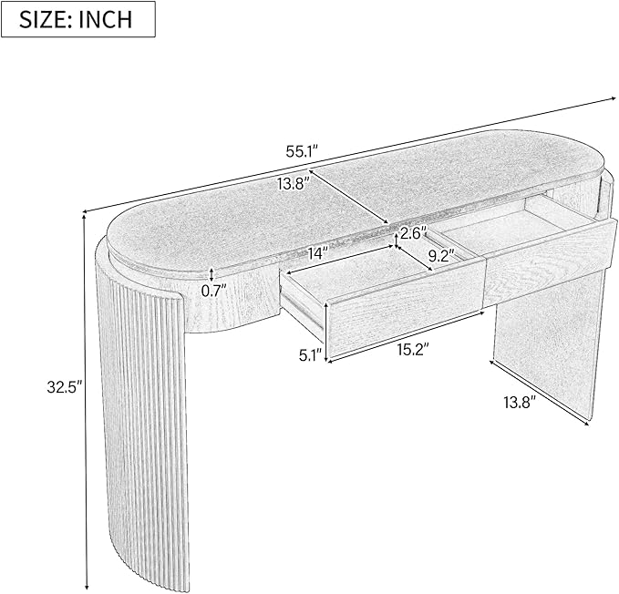 55.1" Entryway Narrow Console Table with Drawers, Oval Top & Fluted Legs, Natural Wood Grain Sofa Table for Hallway, Foyer, Behind Couch, Accent Table for Living Room, Solid Wood + MDF (Black)