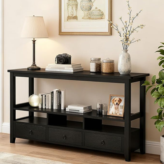 Karl home Console Table with 3 Bottom Drawers, 57.9" W Sofa Side Table Entryway Desk with 3 Storage Cubbies 1 Open Shelf, Vintage TV Stand for Hallway Living Room Office, Black 29.9" H