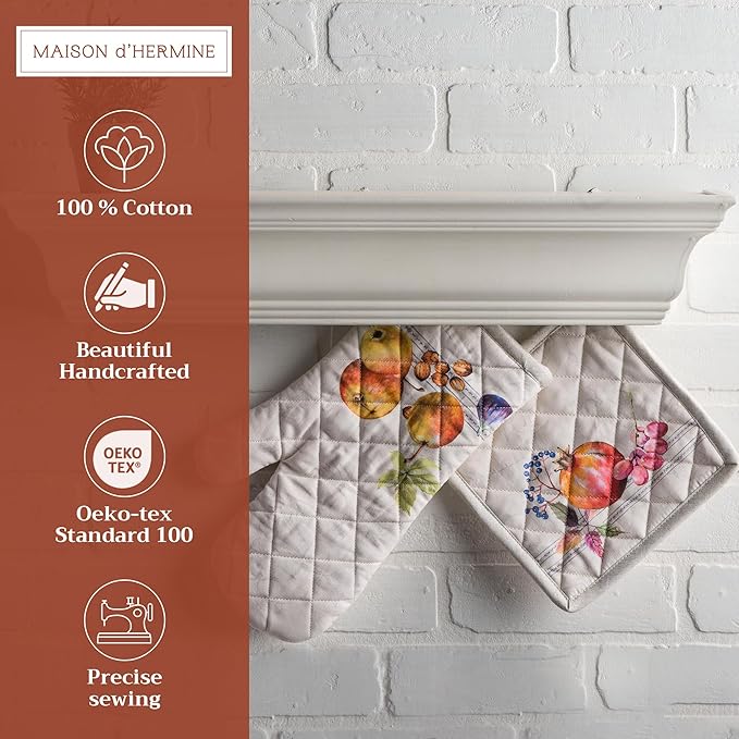 Maison d' Hermine 100% Cotton Oven Mitt & Pot Holder Set (7.5"x13" & 8"x8") Heat Resistant BBQ Cooking Gloves with Loop for Thanksgiving Christmas Decorations Handling Hot Pans (Fruit D'Hiver)