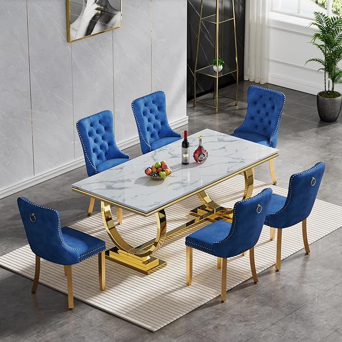 7 Piece Marble Dining Table Set for 6, Luxury White Marble Gold Kitchen Table with 6 Blue Velvet Upholstered Chairs, Modern 6 Person Dining Room Table Set for Kicken Dining Office Room