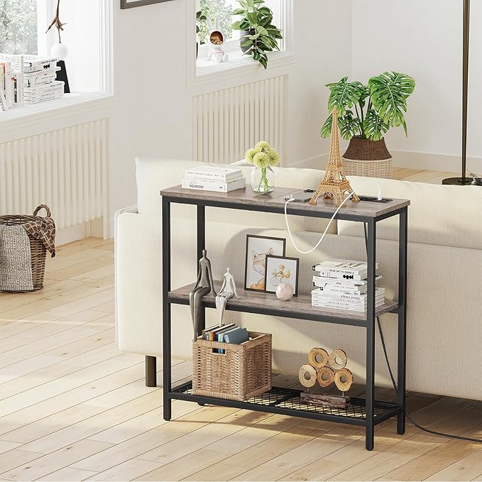 Snughome Console Table with Power Outlets, Entryway Table with Storage, Narrow Sofa Table with 3 Tier Shelves, 2 USB Ports, 2 Power Outlets, Hallway Table for Couch, Living Room, Entrance, Grey