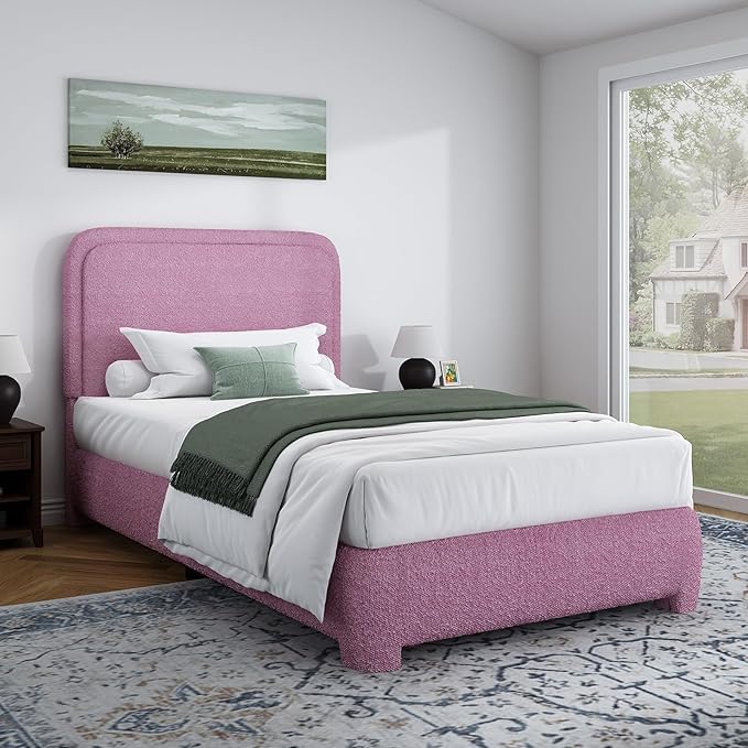 BarnFurin Twin Size Bed Frame, Boucle Upholstered Platform Bed Frame with Headboard, Modern Style, Soft Rounded Corners, No Box Spring Required, Easy Assembly, Rose Pink