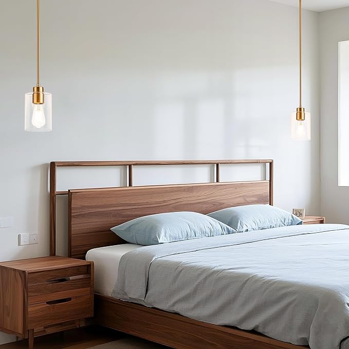 MAYNA 2-Pack Brushed Brass Pendant Lights, Elegant Glass Hanging Lighting with Bulbs, Adjustable Rods Modern Fixtures for Kitchen Island, Breakfast Bar