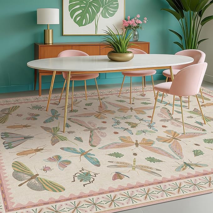 Cute Rugs for Bedroom Girls - Pink Living Room Rugs 8X10, Dining Room Table, Washable Pastel Flower Insect Print Whimsical Décor