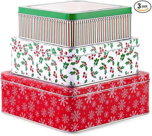 Steel Mill & Co Square Tin Containers with Lids, 3 Pack Christmas Cookie Tins, Festive Cookie Tins for Gift Giving & Holiday Treats, Metal Box Nesting Containers, Large Medium Small, Snowflake