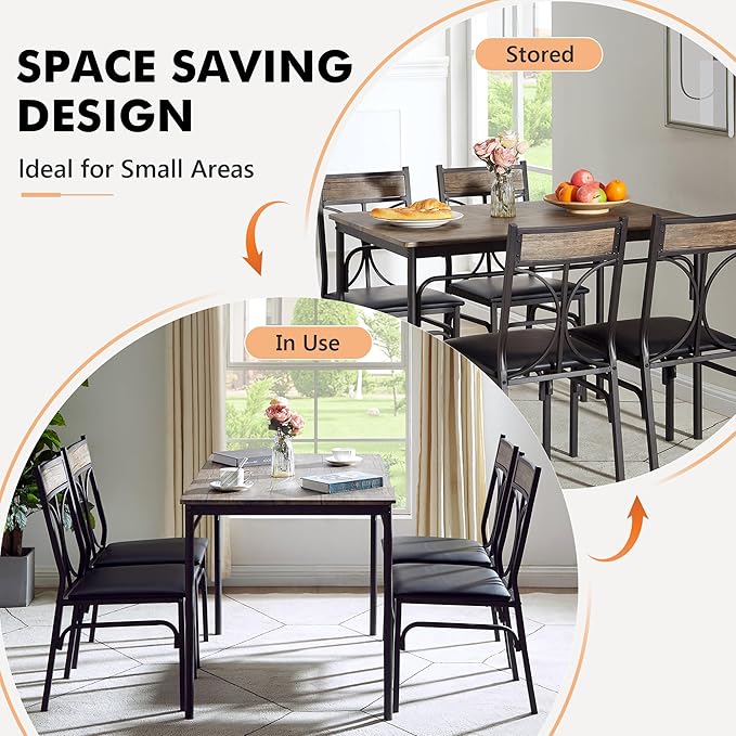 VECELO Dining Table Set for 4, Kitchen Table Set with 4 Chairs for Small Space, Space-Saving and Modern Design, Apartment, Easy to Assemble,Classic Brown