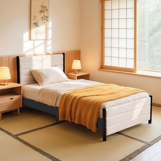 Hokway Bed Frame Upholstered Platform Bed with Headboard Wooden Slat Support No Box Spring Needed(Twin, Beige)