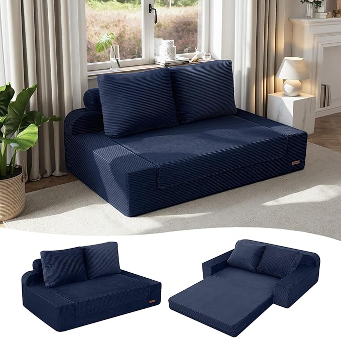 COMAX Convertible Sofa Bed Queen, Folding Floor Couch Corduroy Fold Out Couch Bed Sleeper Mattress with Back Pillows, Boneless Pull Out Loveseat Comfy Futon Lounge for Living Room Bedroom, Navy Blue