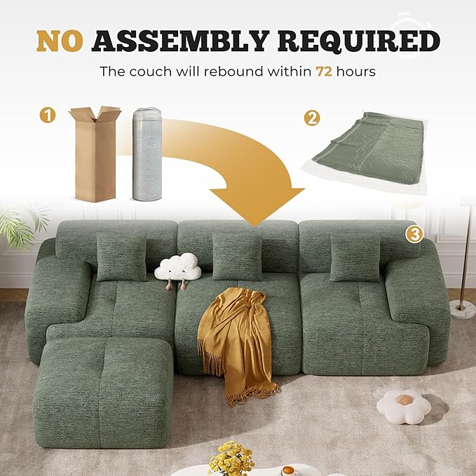 122" Modern L Shaped Modular Sectional Sofa, Boneless Couches for Living Room with Ottoman,4 Seater Convertible Chenille Cloud Couch Sofa Set, No Assembly Required, Green 1 PCS