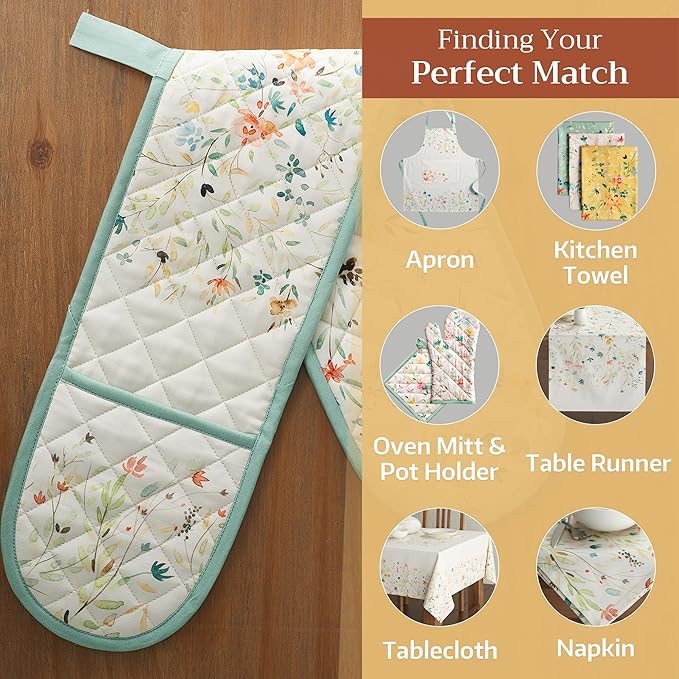 Maison d' Hermine Double Oven Mitts 100% Cotton 7"x35" Double Oven Mitt Heat Resistant BBQ Cooking Gloves with Loop, Baking, Grilling, Home, Kitchen, Handling Hot Pans Spring Summer (Colmar)