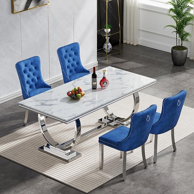 Goujxcy 5 Piece Marble Dining Table Set for 4, Luxury White Marble Silver Kitchen Table with 4 Blue Velvet Upholstered Chairs, Modern 4 Person Dining Room Table Set for Kicken Dining Office Room