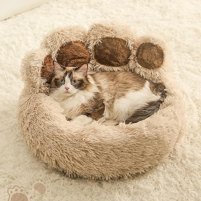 Jiupety Paw Shape Calming Pet Bed, Plush Faux Fur Donut Bed for Dogs & Cats, Machine Washable, Non-Slip Bottom, Medium (22"×22"×6"), Camel