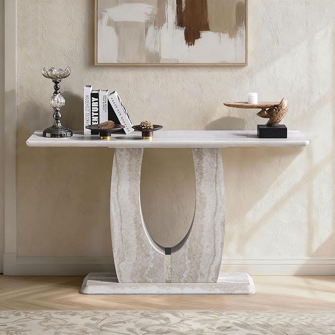 LKTART 55" MDF Console Table for Entryway, Narrow Entryway Table with Faux Mars Marble Pattern, Couch Tables Behind Sofa with U-Shaped Base for Living Room Hallway Foyer, Light