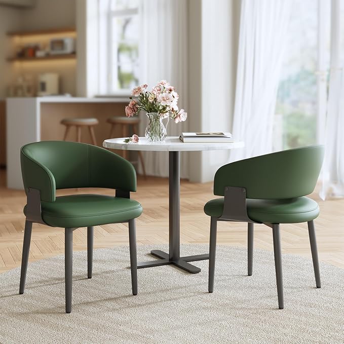 Modern Dining Chairs Set of 4, Faux Leather Upholstered Kitchen Chairs with Curved Back and Metal Legs, Mid Century Chairs for Dining Room, Kitchen, or Café (Green)