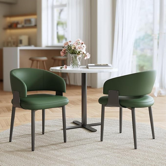 Modern Dining Chairs Set of 2, Faux Leather Upholstered Kitchen Chairs with Curved Back and Metal Legs, Mid Century Chairs for Dining Room, Kitchen, or Café (Green)