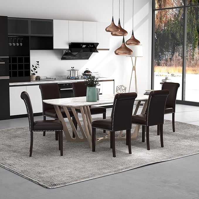 Westice Dining Room Chairs Set of 8 Upholstered PU Leather Kitchen Chairs Dining Room Side Chair with Nailhead Trim and Rubber Wood Legs for Small Space Apartment, Brown