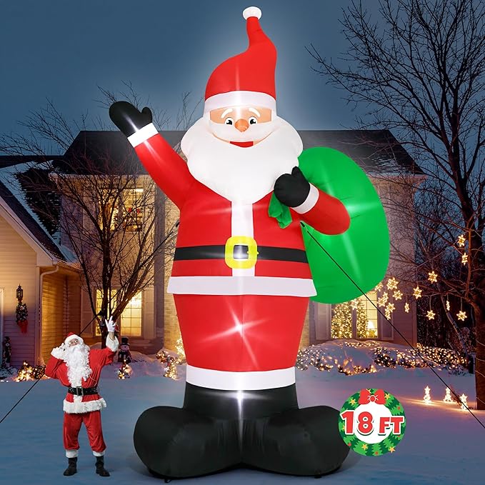 18FT Christmas Inflatable Santa with Gift Bag, Extra Large Outdoor Christmas Decorations with LED Lights, Waterproof Santa Claus Blow Up for Yard, Garden, Holiday Party (18H x 13W x 6D ft)
