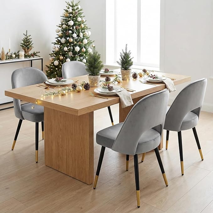 LukeAlon Classic Velvet Dining Chairs Set of 4, Upholstered Open Back Kitchen Chairs with Metal Legs Armless Side Chairs Mid Century Dining Chair for Dining Room, Grey