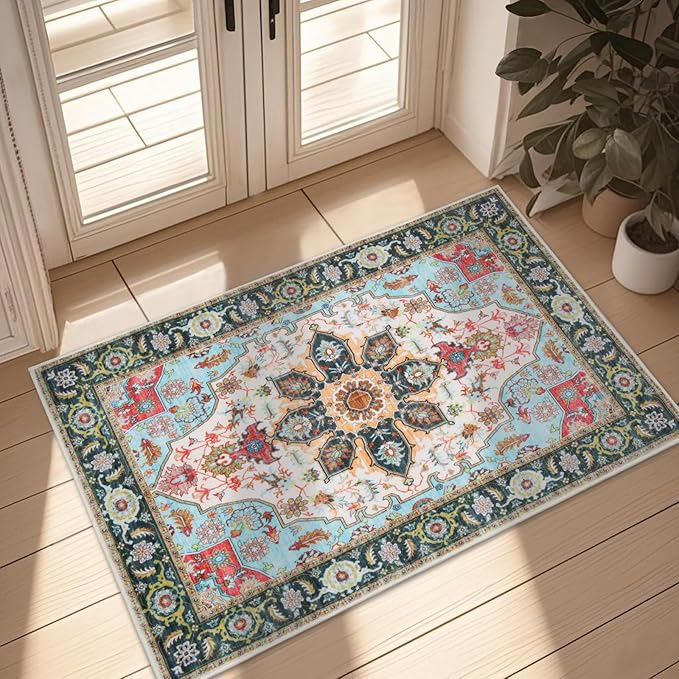 WILLSUN Washable Area Rugs, 2x3 Non-Slip Boho Small Area Rugs for Entryway, Kitchen, Bathroom, Machine Washable Vintage Rug, Indoor Floral Print Carpet for Home Decor, Kid & Pet Friendly Mat