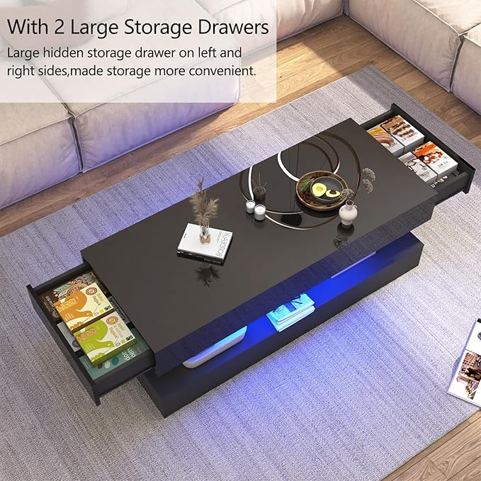 Uspeedy 47.3in Large High Glossy LED Coffee Table with 2 Storage Drawers,Black/White Modern Coffee Tables for Living Room,Living Room Tables,APP LED Lights (Black)