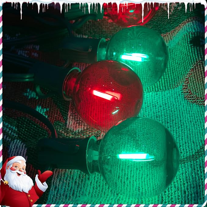 50Ft Clear Red and Green Outdoor LED Lights,G40 Globe Patio Christmas String Lights with 25 Colorful Bulbs(2 Spare),Outside Christmas Hanging Lights for Christmas Tree Roofline Holiday Party