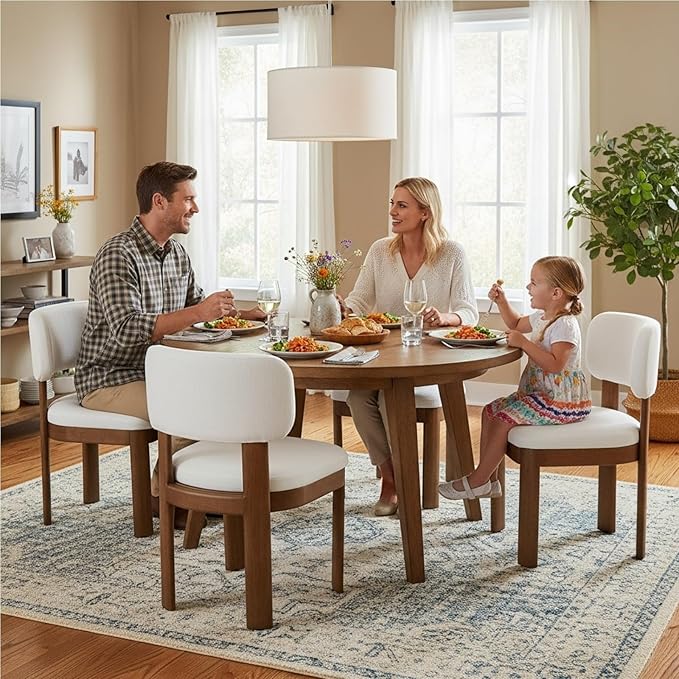 Beige Dining Chairs Set of 2 Mid Century Modern Upholstered Dining Room Chairs with Curved Backrest and Wooden Legs for Kitchen Island, Dining Room