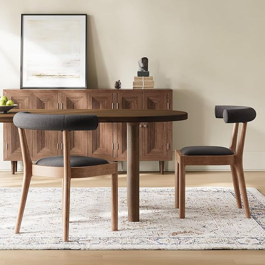 Kmax Dining Room Chairs Mid-Century Modern Fabric Kitchen Chairs with Natural Walnut Finished Frame, Linen Curved Back, 2-Pcs Set, Charcoal Black