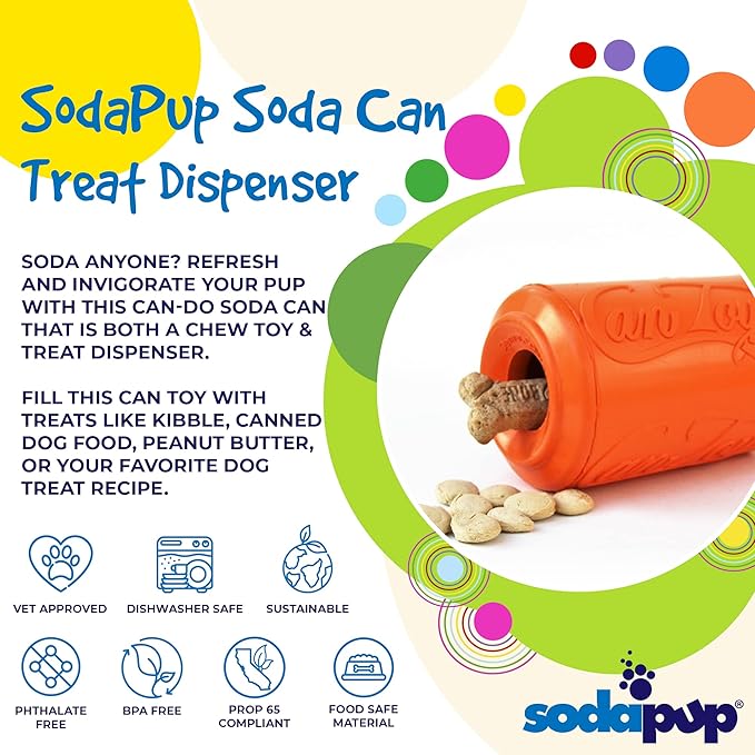 SodaPup Soda Can – Durable Dog Treat Dispenser & Chew Toy Made in USA from Non-Toxic, Pet Safe, Food Safe Natural Rubber Material for Mental Stimulation, Problem Chewing, Calming Nerves, & More